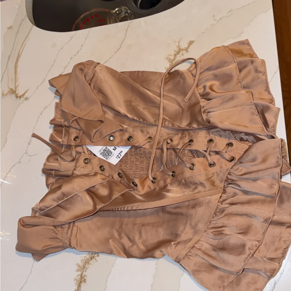 Forever21 Nude Satin Corset Top with Ruffles Trimming Ruched back for slim look